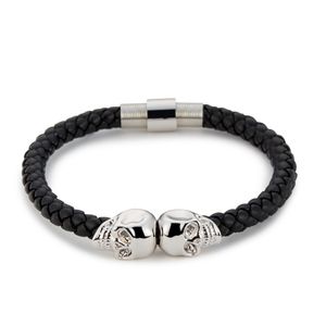 NEW Genuine Black Leather Silver Skull Bracelet